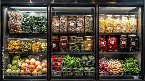Realistic Photography of Organized Frozen Food Section with Fresh Vegetables, Fruits, and Pasta in a Modern Refrigerator