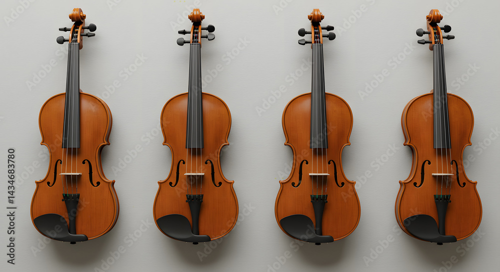 Naklejka premium Four identical violins are lined up side by side on a plain, light grey wall