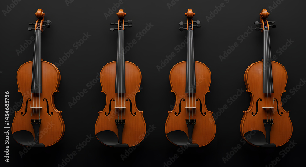 Fototapeta premium Four identical violins are lined up side by side on a plain, light black wall