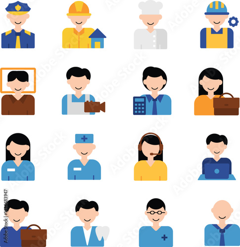 Profession illustration set. Includes of career, job, worker, expert, doctor, teacher, engineer, and More. Vector flat color collection