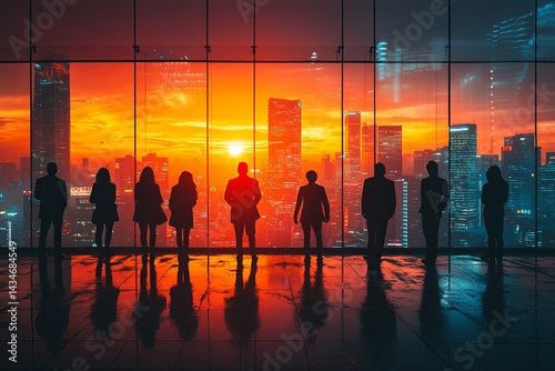 Silhouetted people in an office gazing at a vibrant city sunset