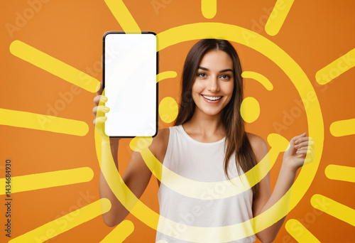 excited woman holding smart...