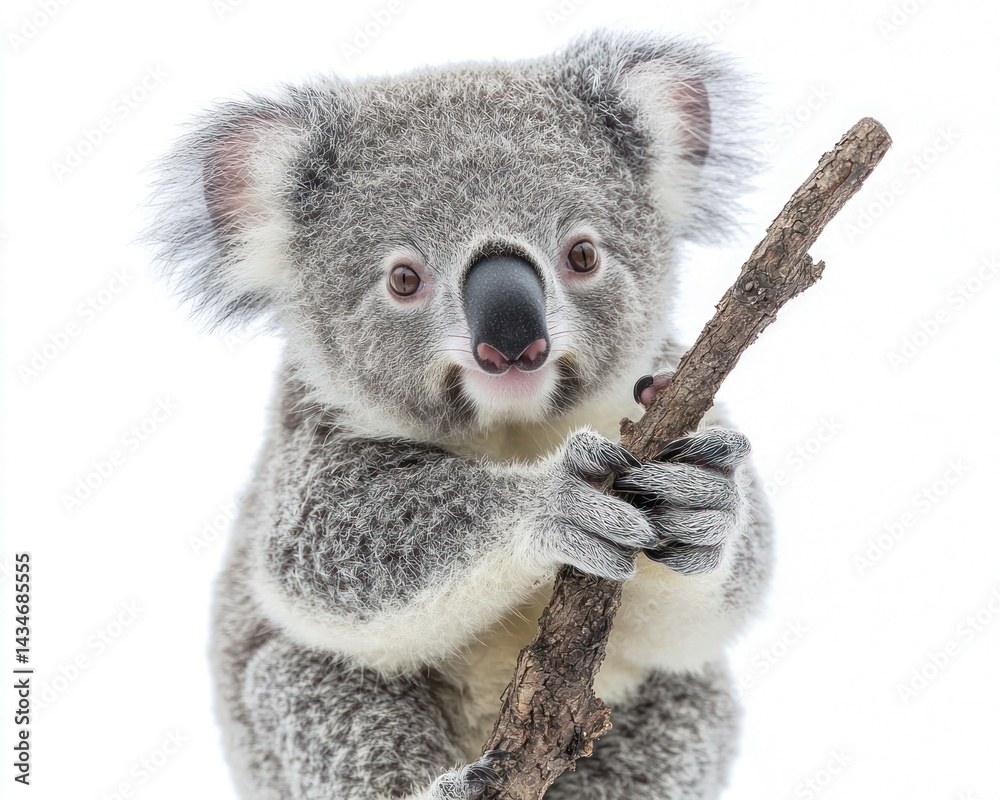 Naklejka premium Cute koala holding a branch, showcasing its fluffy fur and curious expression
