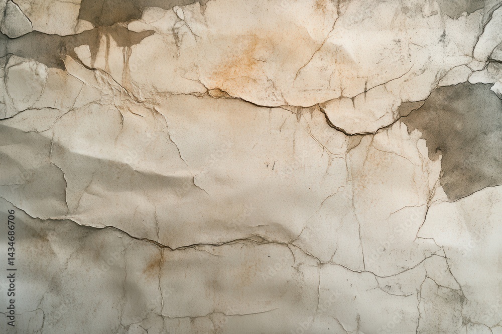 Fototapeta premium Damaged, weathered plaster surface with deep cracks.
