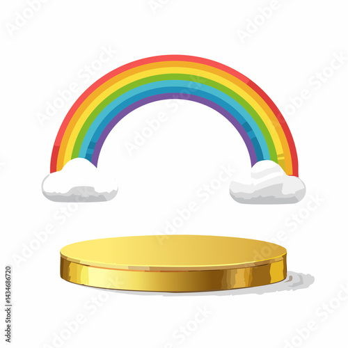 Empty gold podium, rainbow, clouds, 3D. Fun summer illustration for advertising children's goods, promotional offers, sales, vector illustration.