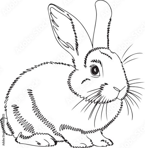 Cute domestic lop bunny rabbit drawn in continuous black line art style with long ears in minimalist sketch isolated on white background for pet illustrations