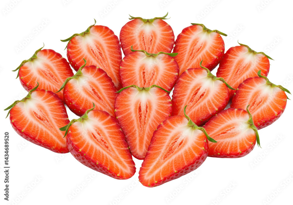 Halved strawberries arranged together isolated on transparent background Halved strawberries arranged together isolated on transparent background