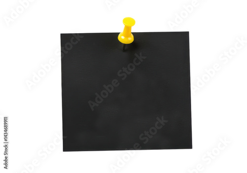 Black square paper pinned with yellow push pin isolated on transparent background