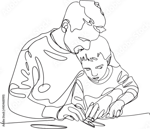 Minimalist black line art drawing of a father embracing his child in a warm bonding moment depicted in a continuous sketch style on white background