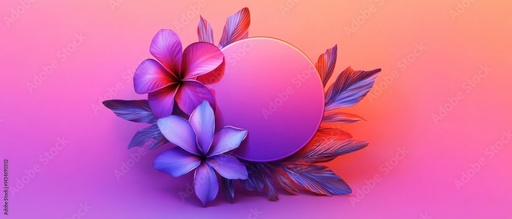 Obraz premium Vibrant floral frame with plumeria flowers and leaves in shades of pink and purple, perfect for spring and summer designs