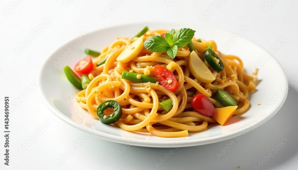 Stir-fried noodles with vegetables, white backdrop, china, appetizer Stir-fried noodles with vegetables, white backdrop, china, appetizer
