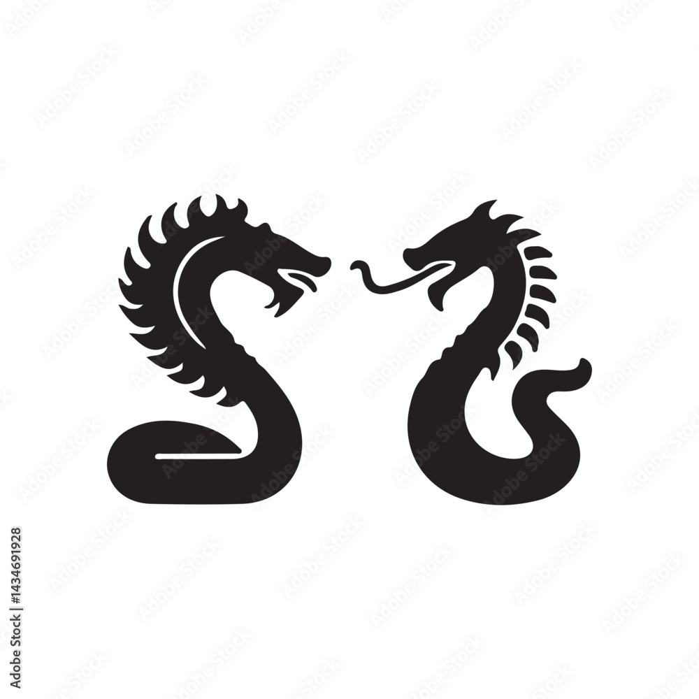 Fototapeta premium Minimalist Dragon Icon - Black Silhouette of Two Mythical Dragons Facing Each Other