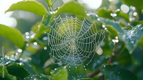 Closeup delicate spiderweb among lush green leaves