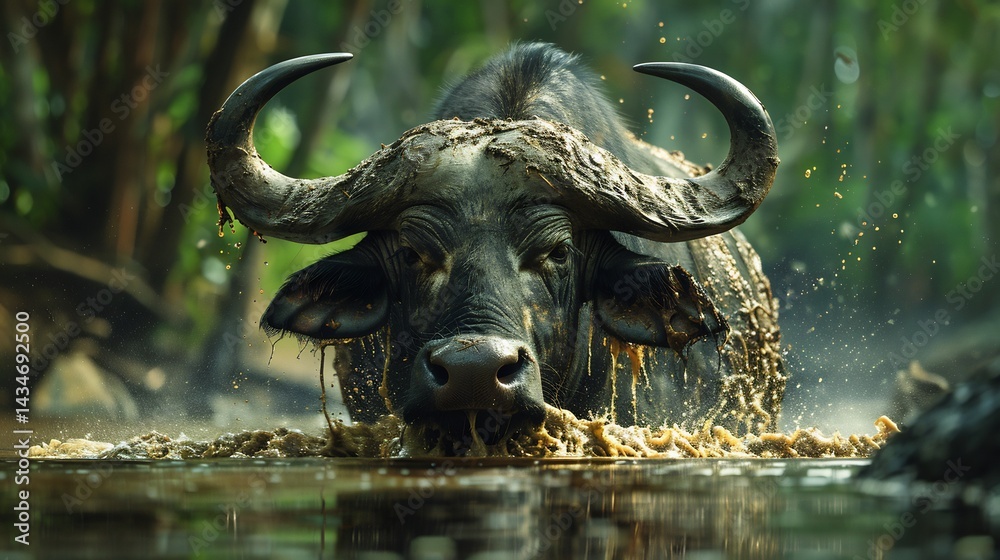 Naklejka premium Powerful water buffalo wading through a misty jungle river thick muscular body covered in fresh mud cinematic wildlife portrait