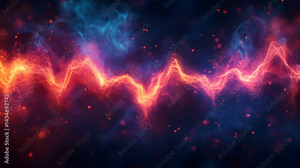 Obraz premium Dynamic energy wave of red and orange surges across a blue-tinged backdrop, creating a visual spectacle of power. Bokeh lights add depth. Perfect for tech, Abstract Medical Pain