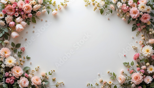Cheerful, feminine floral design forms an oval frame around an empty center against a light backdrop.