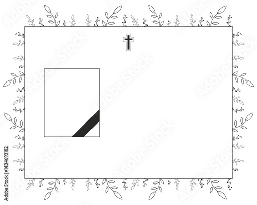 Funeral card with church cross and frame Leaves and flowers background