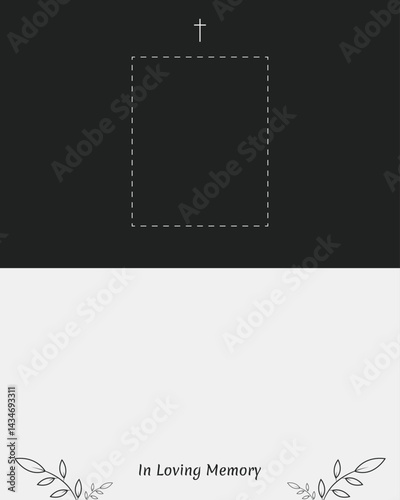 Funeral card black and white background with flowers and photo space