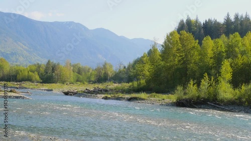 Chilliwack River as seen from the Vedder Rotary Trail North during a spring season in Chilliwack, Fraser Valley, British Columbia, Canada
