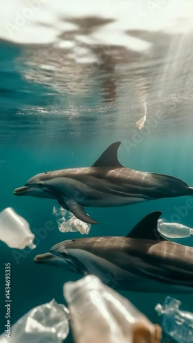 Two dolphins swimming among plastic waste and bottles in a polluted ocean, underwater view, marine wildlife conservation concept