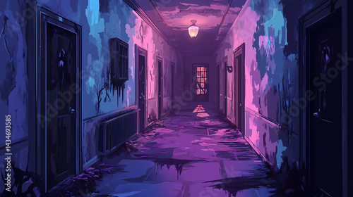 An abandoned asylum hallway with peeling walls, flickering lights, and ghostly figures lurking in the shadows. Lurker Pillar. Illustration