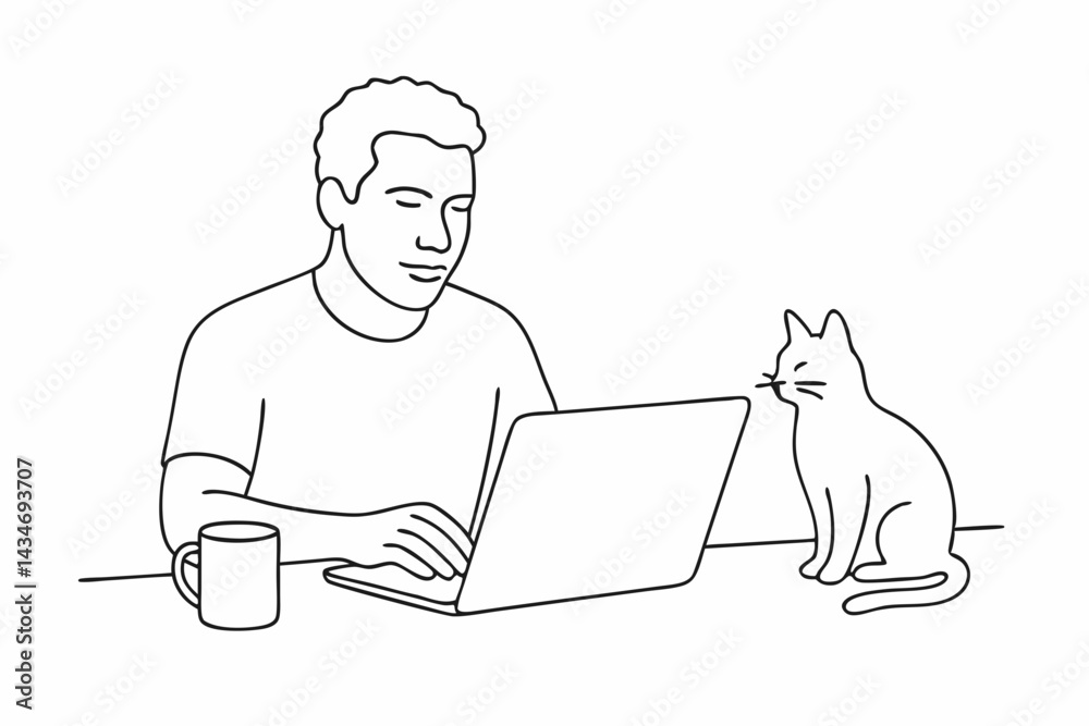 Brasileiro trabalhando no notebook com gato na mesa – vetor SVG em fundo branco. Trabalho remoto, freelancer, home office, aprendizado online, videoaulas, educação

