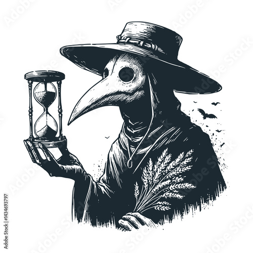 Plague doctor hold hourglass. Black white vector illustration.
