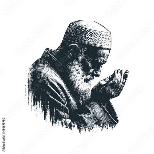 Muslim Grandpa is praying. Black white vector illustration.