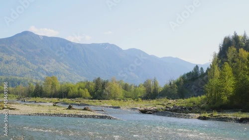 Chilliwack River as seen from the Vedder Rotary Trail North during a spring season in Chilliwack, Fraser Valley, British Columbia, Canada
