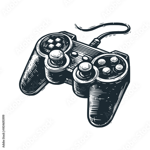 Play station stick . Black white vector illustration.