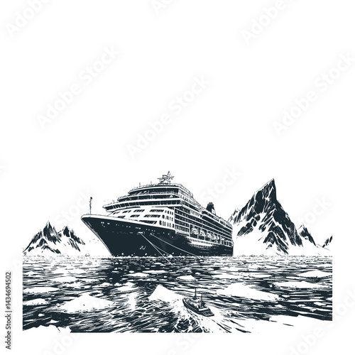 Ship at sea near rocks. Black white vector illustration.