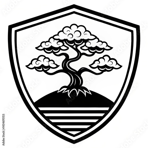 Black and White Illustration of Bonsai Tree in a Minimalist Shield Design