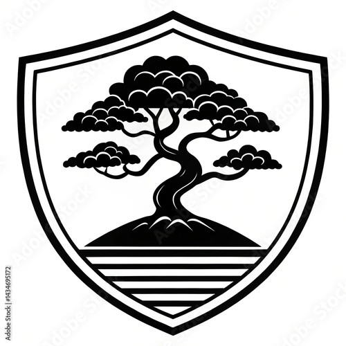 Black and White Illustration of Bonsai Tree in a Minimalist Shield Design