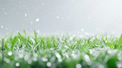 Fresh dewdrops glistening on vibrant green grass blades, close-up view with soft focus background, and serene morning nature scene.