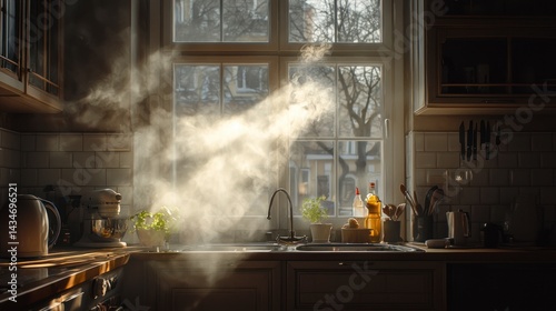 Realistic Kitchen Scene with Steam Rising from Sink in Warm Morning Light, Capturing Cozy and Inviting Atmosphere