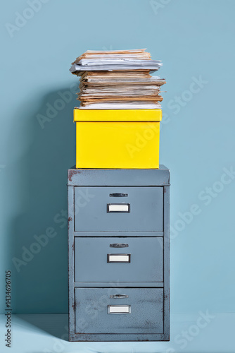 Tall gray filing cabinet with three drawers stands with yellow box and stacked papers on top. Drawers have label holders, showing signs of wear 