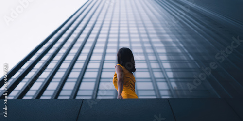 Woman in yellow dress stands against tall modern building, looking upward, creating a sense of scale and perspective with sleek architectural lines extending skyward