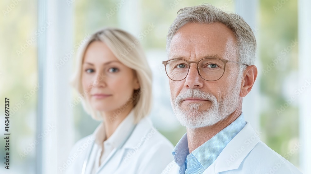 Fototapeta premium Two medical professionals, a man and a woman, wearing lab coats, looking at the camera.
