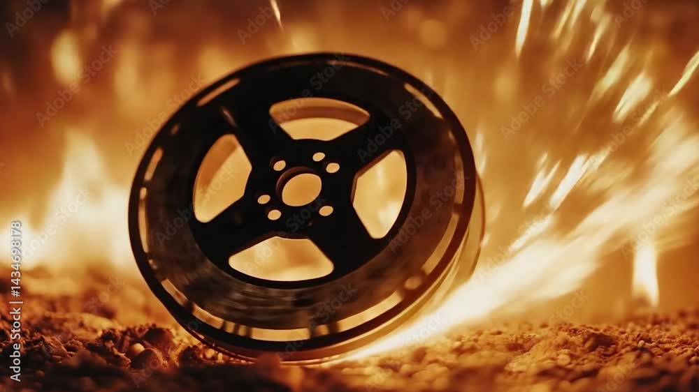 Fiery film reel destruction; cinematic inferno