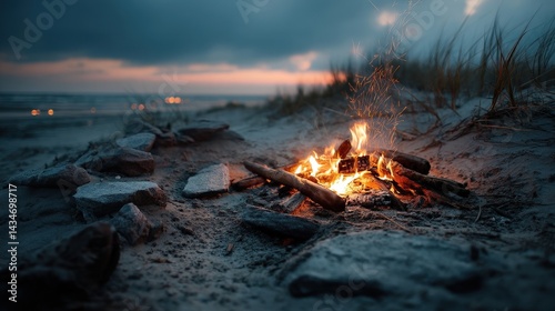 Beach bonfire gathering beach photograph evening close-up warm glow