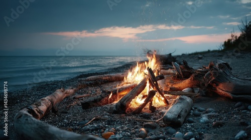Beach bonfire gathering serene shoreline realistic photography twilight atmosphere intimate viewpoint warm glow concept