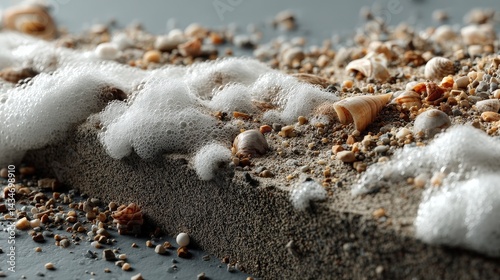 Beach foam and sand grains coastal shore realistic photography natural environment close-up view textural concepts