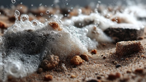 Captivating waves and foamy shores serene beach realistic photograph coastal environment close-up view beach foam impact
