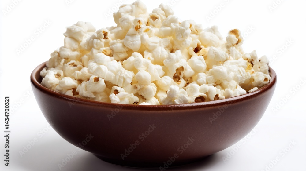 A brown bowl filled with popcorn kernels sits on a white surface, casting a soft shadow and inviting viewers to indulge in this classic snack. A brown bowl filled with popcorn kernels sits on a white surface, casting a soft shadow and inviting viewers to indulge in this classic snack.