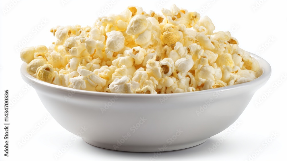 A close-up view of a white bowl filled with fluffy, buttered popcorn, perfect for movie night or a snack anytime on a clean, white backdrop. A close-up view of a white bowl filled with fluffy, buttered popcorn, perfect for movie night or a snack anytime on a clean, white backdrop.