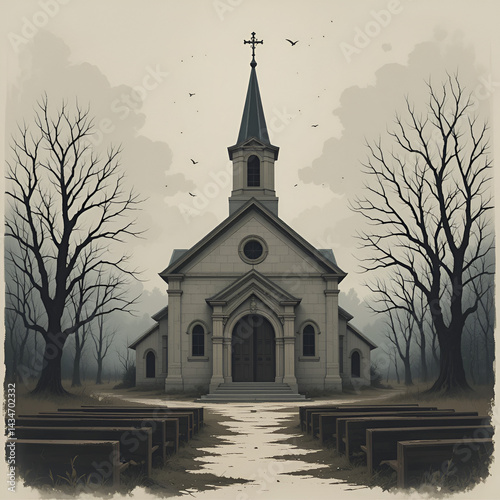 silent empty church building illustration desolate vacant, eerie quiet, forgotten hollow silent empty church building