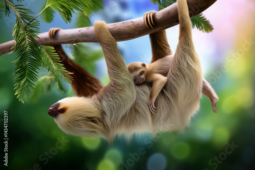 Father sloth cradling baby while hanging upside down on tree in rainforest, soft background bokeh and concept of paternal bonding in nature