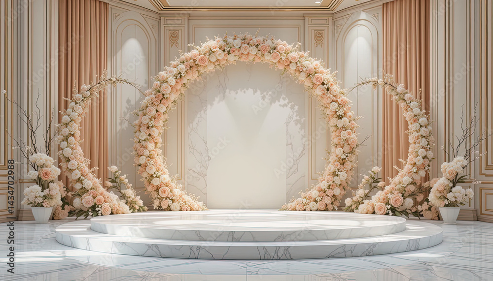 Obraz premium Stunning floral archway, set against a marble platform, creates a beautiful backdrop for an elegant ceremony.