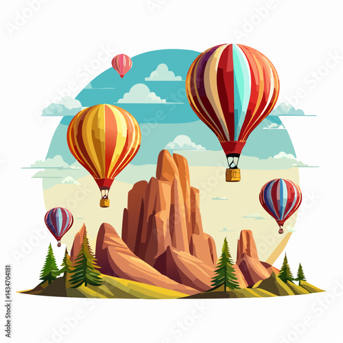 A dynamic vector scene of vibrant hot air balloons soaring over the iconic rock formations