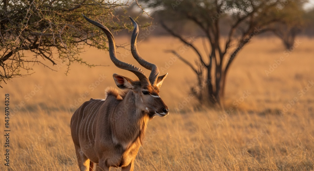 Fototapeta premium Majestic Kudu bull with spiraling horns stands proudly amidst the golden savanna, a symbol of African wildlife and natural beauty.